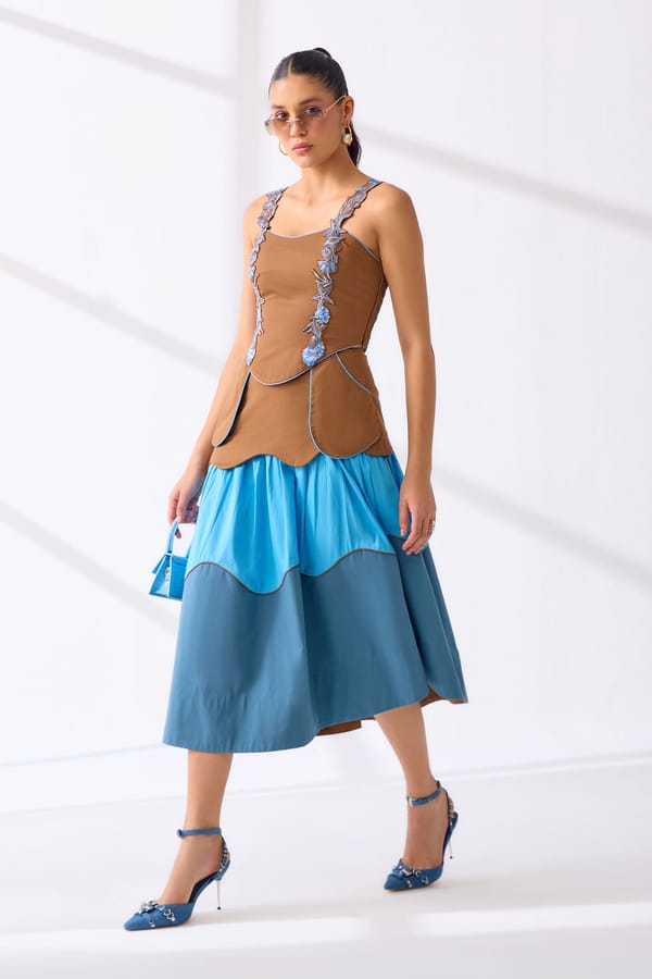 Tan Corset and Colorblocked Tiered Midi Skirt Co-ord Set — Our Love