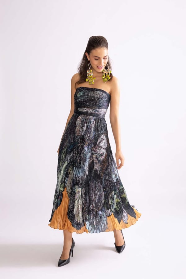 Multi Daisy Print Bandeau Micro-Pleated Chiffon Midi Dress — Saaksha and Kinni
