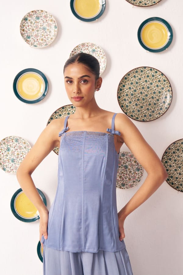 Zinia Slate Blue Embellished Strappy Top — Western Era