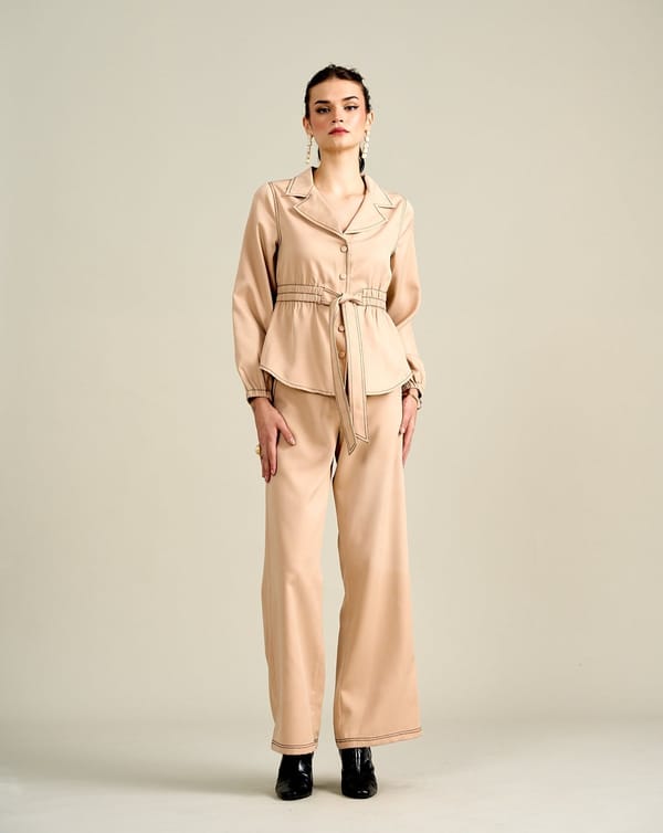 Beige Jacket-Style Button-Down Top with Waist Tie — Style Island