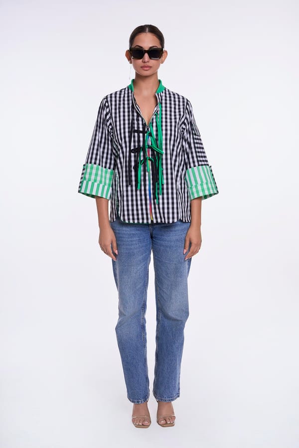 Black and White Gingham Zip-Front Shirt with Green Accents — KOR