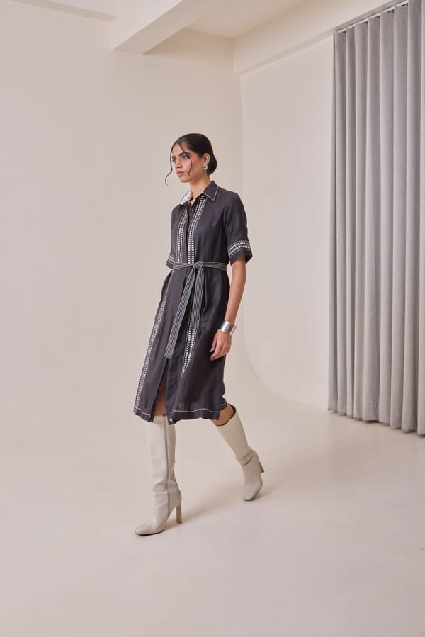 Black Threadwork Belted Midi Shirt Dress — Needle Ten