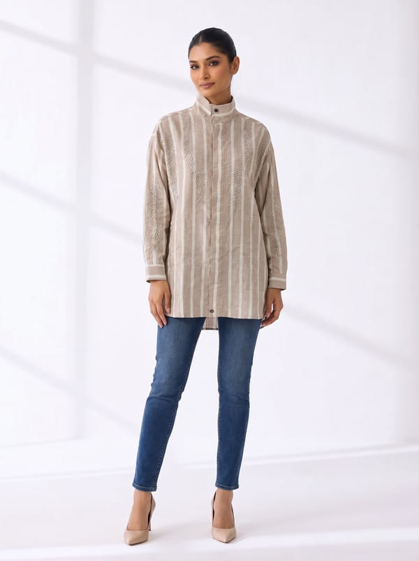 Beige Striped Longline Cotton Shirt with Mandarin Collar — THE LUXURY DRESSING