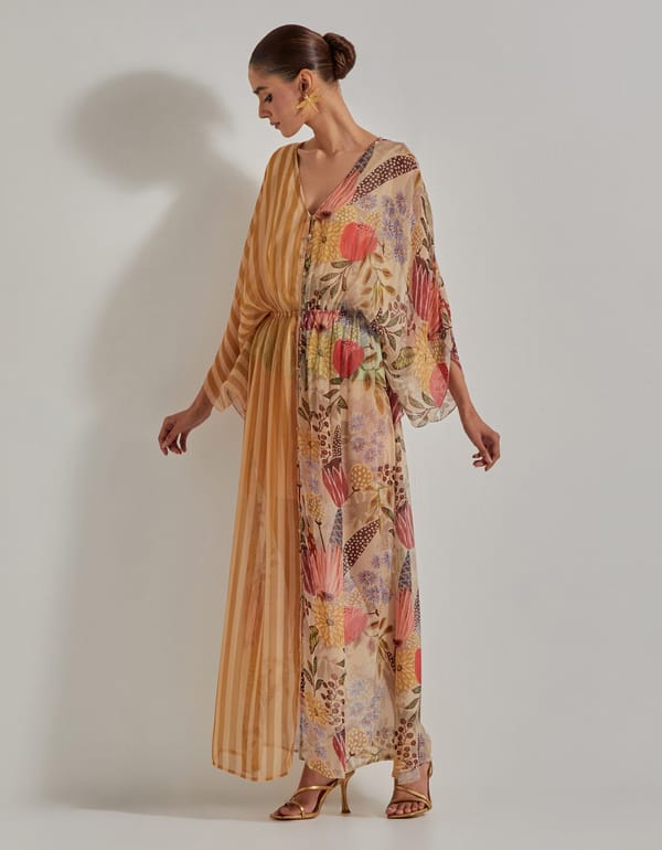 Beige Printed Chiffon Maxi Dress with Front Buttons — Kavita Bhartia