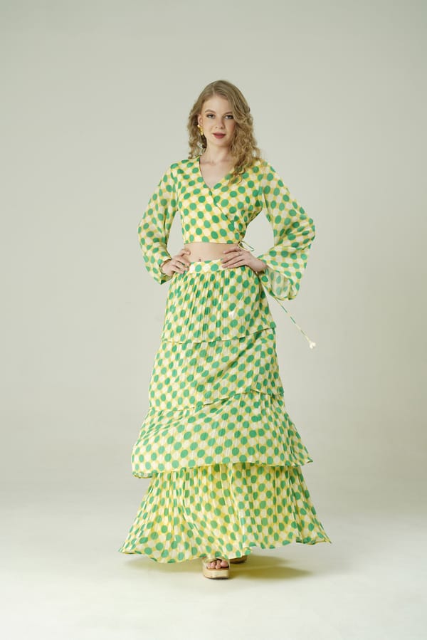 Lime Yellow Polka Dot Wrap Top and Tiered Maxi Skirt Set — SURABHI ARYA