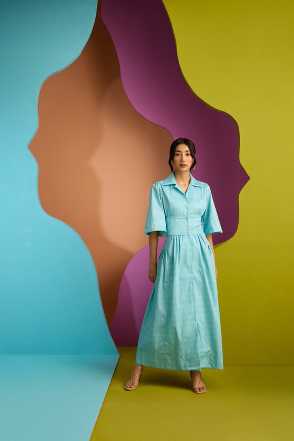 Pastel Blue Printed Fit and Flare Maxi Shirt Dress — CUIN