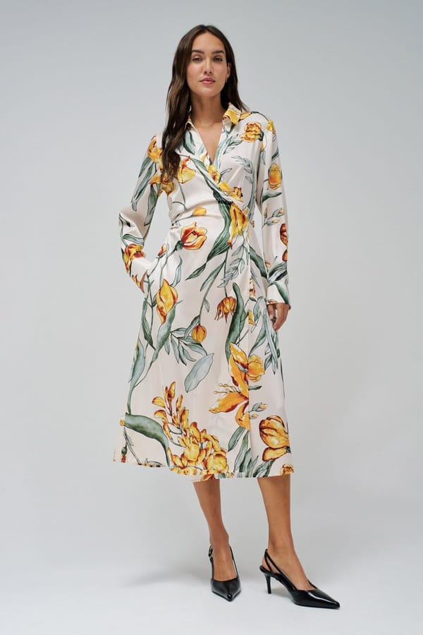 Beige Floral Satin-Feel Wrap Midi Shirt Dress — SALSA JEANS