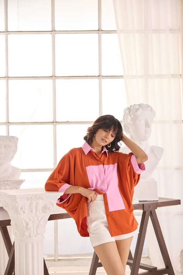 Tangerine Colorblock Boxy Crepe Shirt — Shivya K