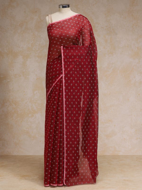 Crimson Red Cotton Saree White Butti Print Rozaana — BINKS