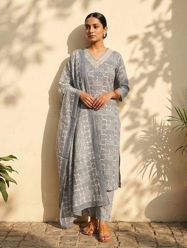 Grey Print Embroidered Straight Kurta Pant — Truebrowns