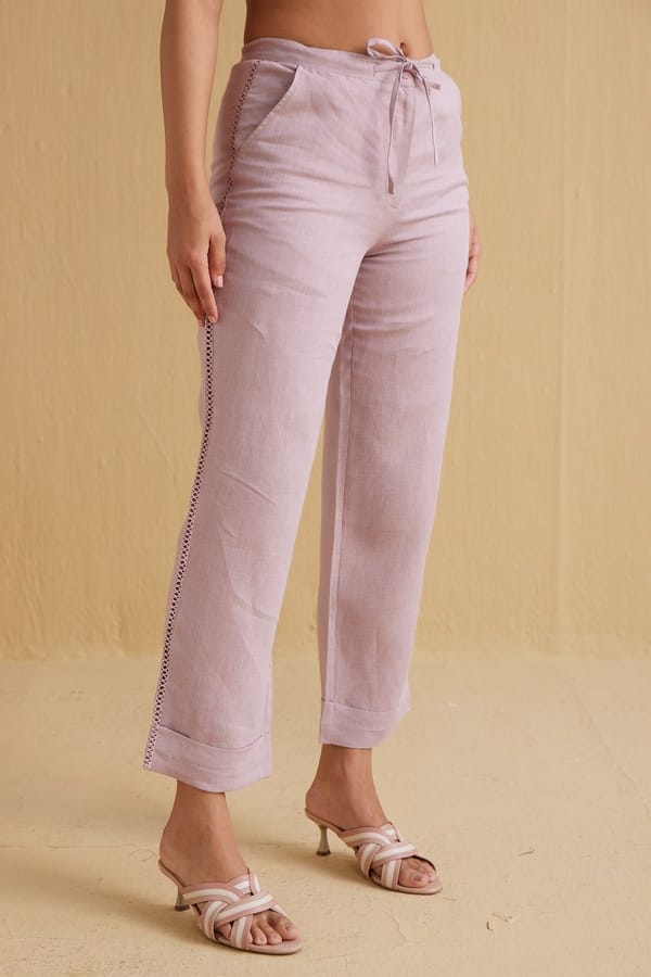 Lavender Linen Straight-Leg Trousers with Waist Tie — YELL