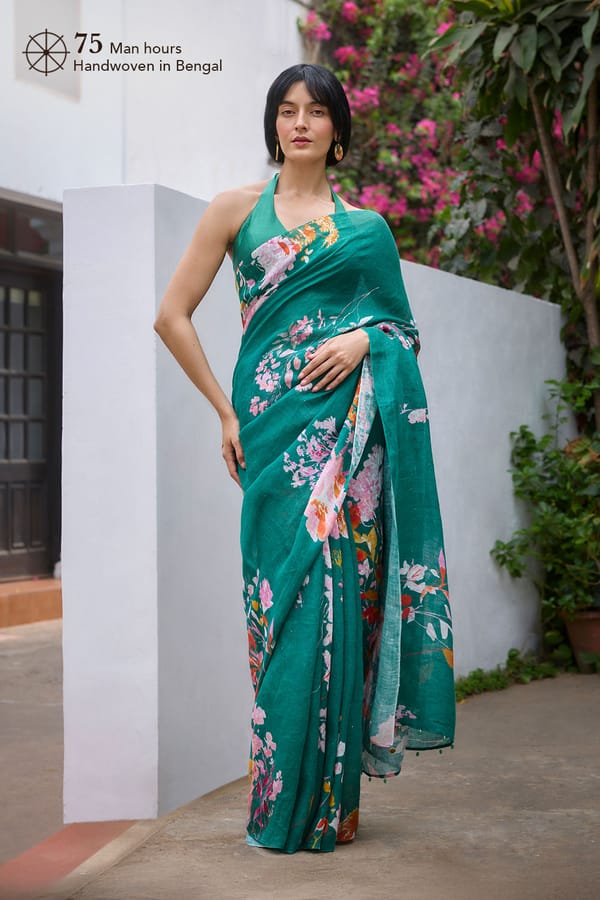 Teal Linen Saree with Multicolour Floral Print — Dressfolk