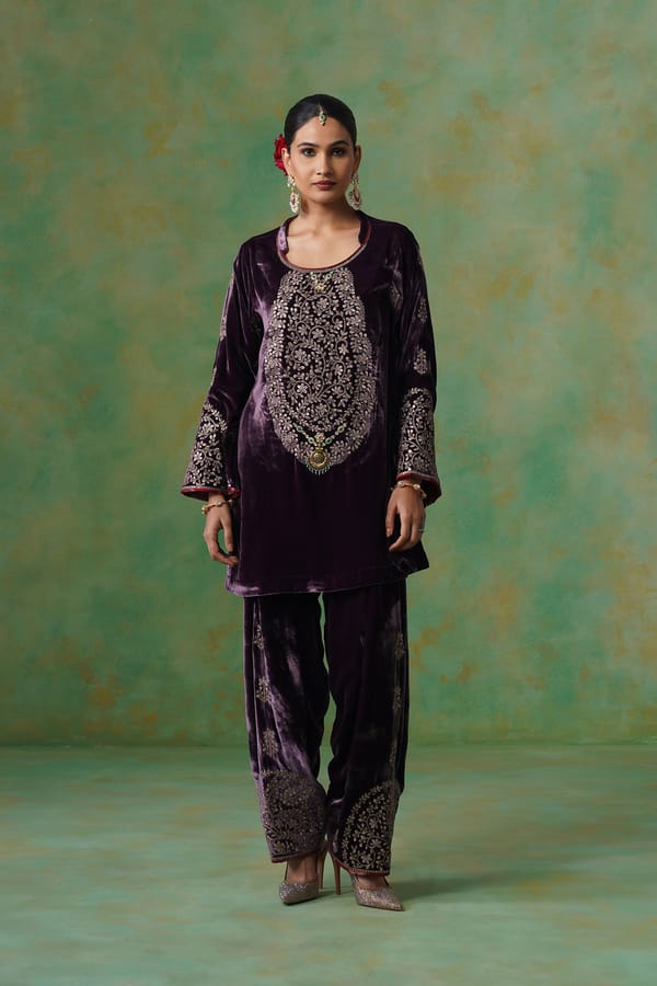 Dark Mauve Velvet Embroidered Co-ord Set — NEETIKA CHOPRA
