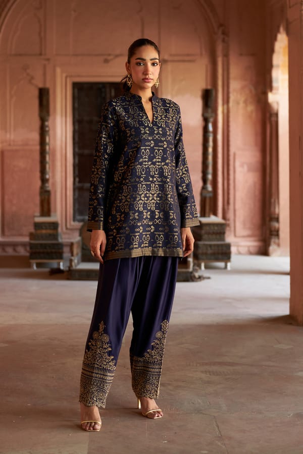 Jashn Navy Ikkat Brocade Salwar Set — INCHING INDIA