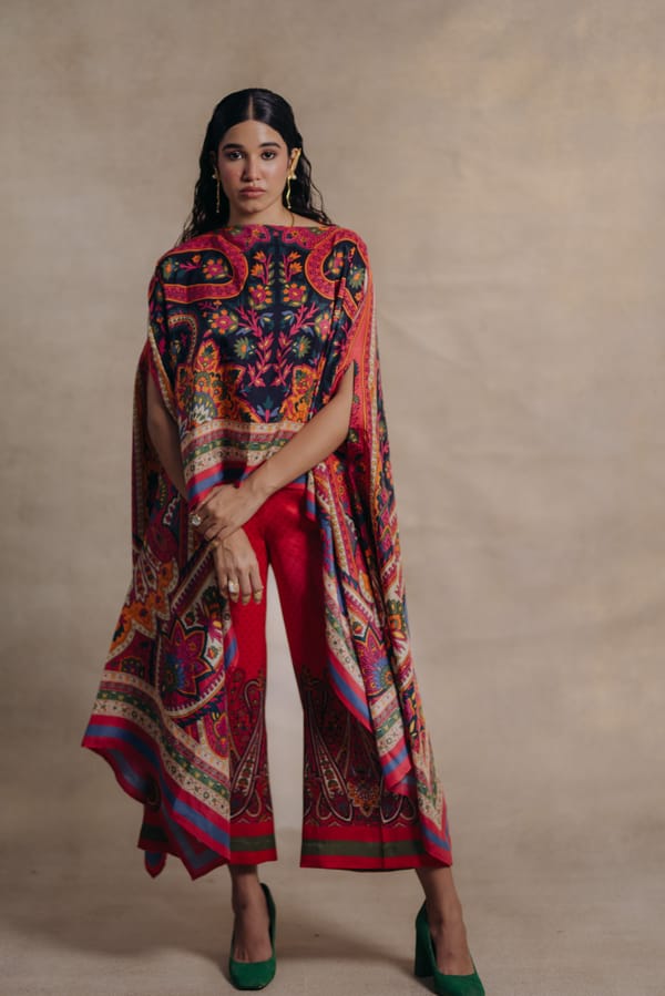 Red Printed Satin Cape with Contrast Border — Moh India