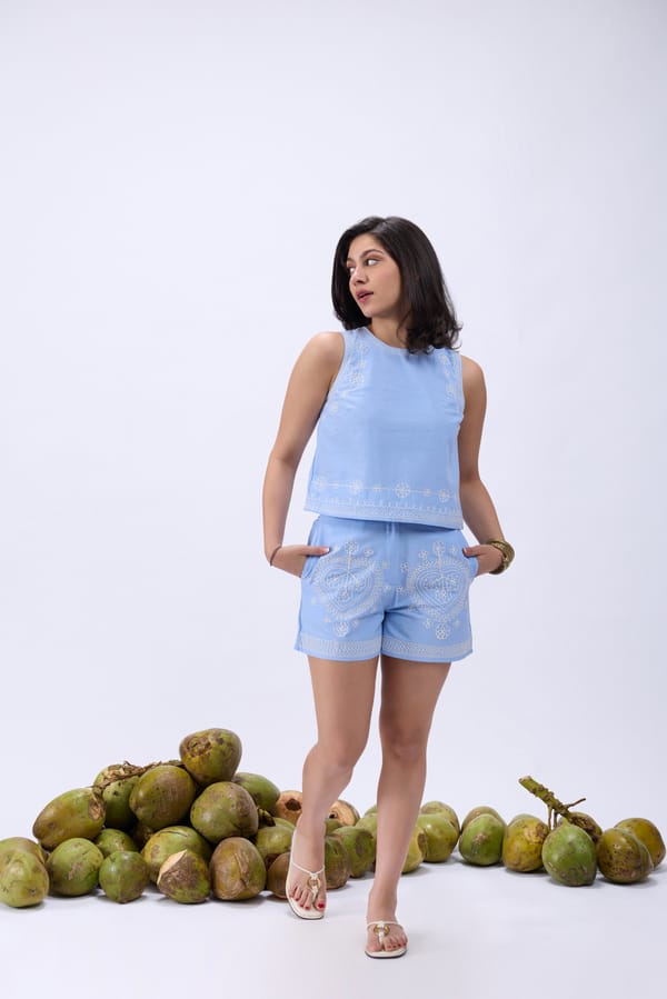 Blue Cotton Flex Embroidered Shorts Co-ord Set — Label Ruiaan
