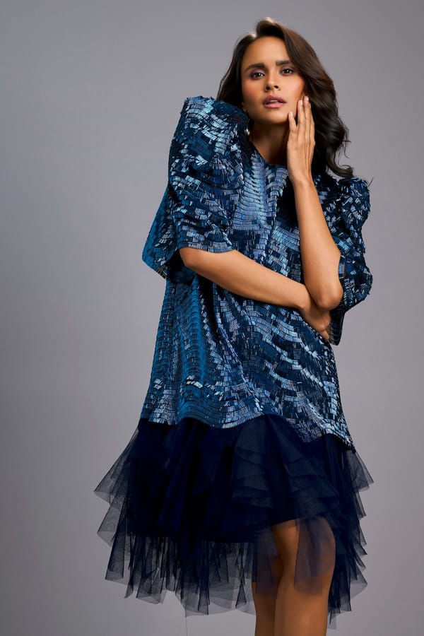 Shimmer Dress With Puff Sleeves & Tulle Hem — Deepika Arora