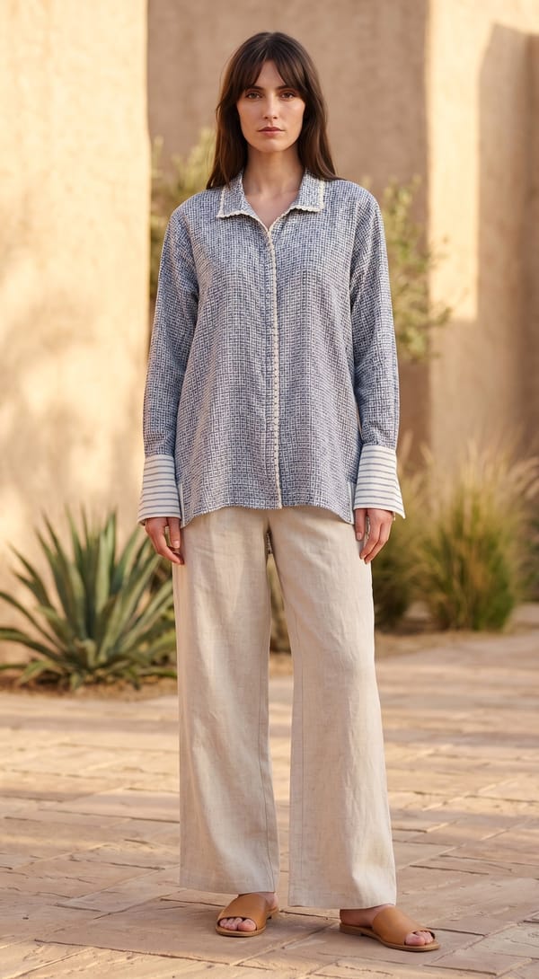 Blue Cotton Linen Abstract Shirt — Basanti Kapde aur Koffee