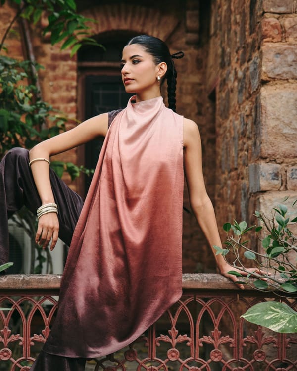 Peach-Brown Ombre Draped High-Neck Satin Top — Contemponari