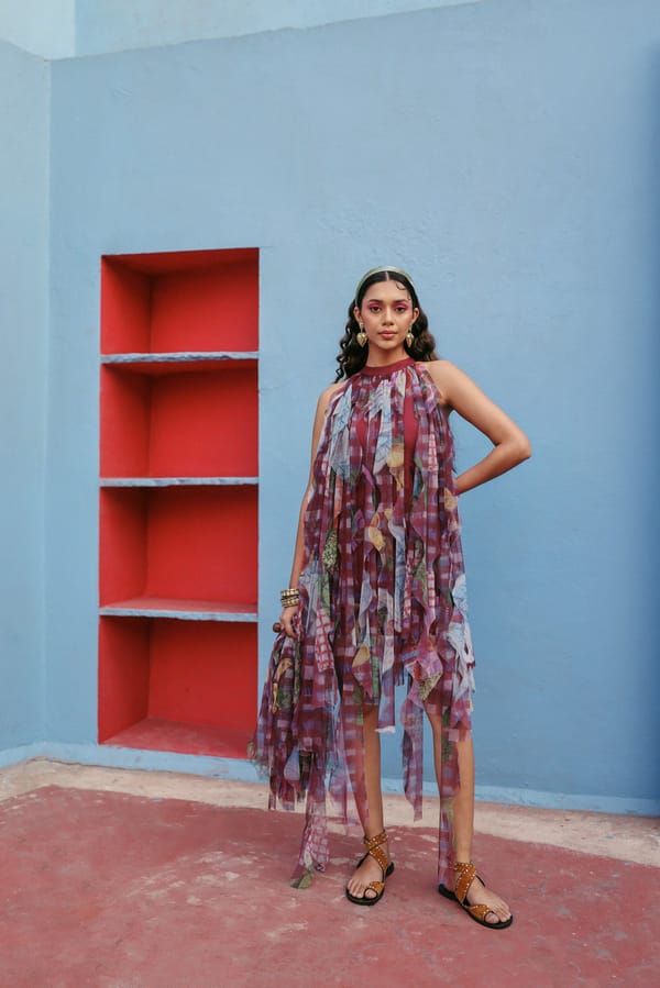 Violet Printed Sheer Net Halter Neck High-Low Midi Dress — Zip by Payal Zinal