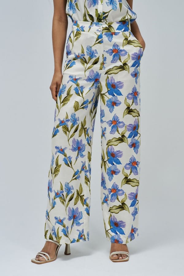Blue Floral Print High-Rise Wide-Leg Trousers — SALSA JEANS