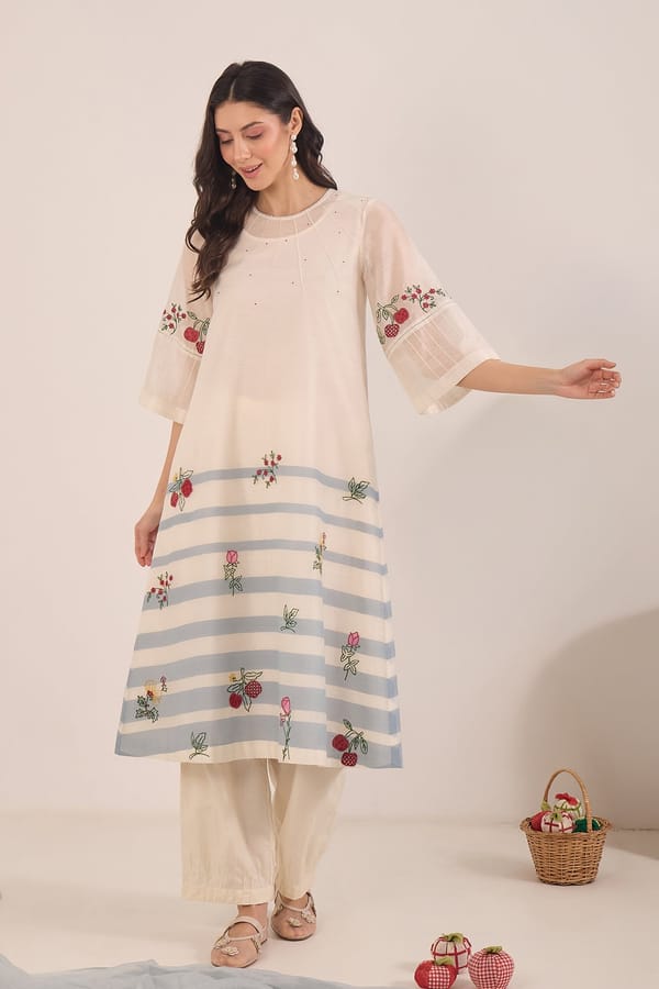 Chinar Chanderi Floral Embroider Stripe Kurta Set — SHIVANI BHARGAVA