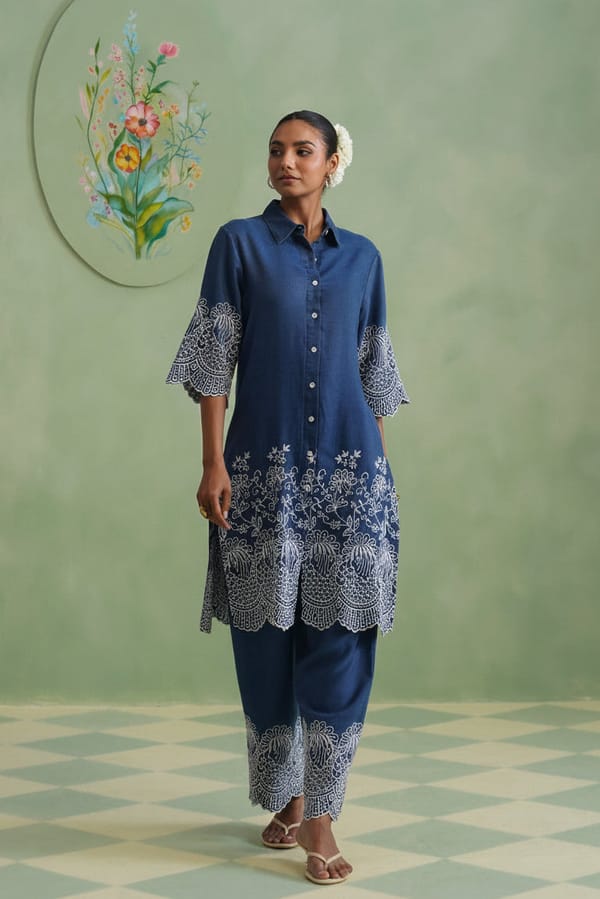 Denim Broderie Kurta Set — KORAH STITCH