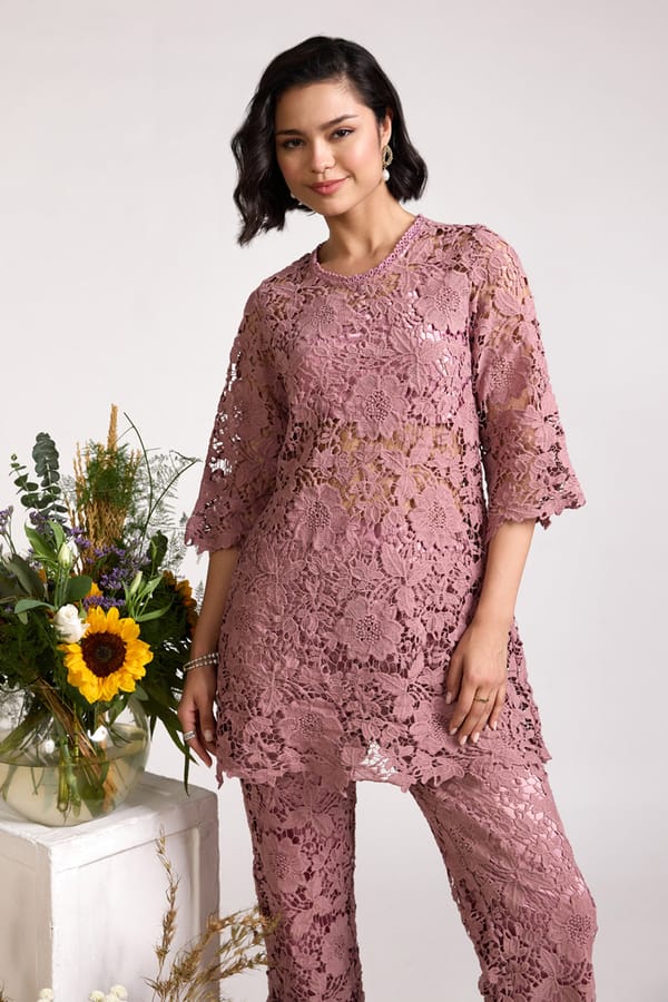 Onion Pink All-Over Lace Tunic Top — AVERIE