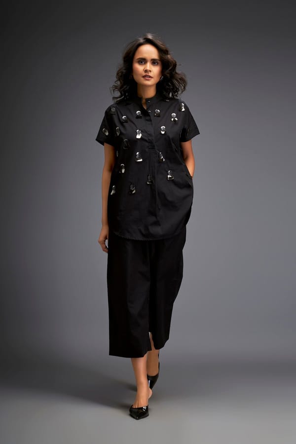 Shirt With Glossy Metallic Discs Embellishments With Wide-Leg Pants — Deepika Arora