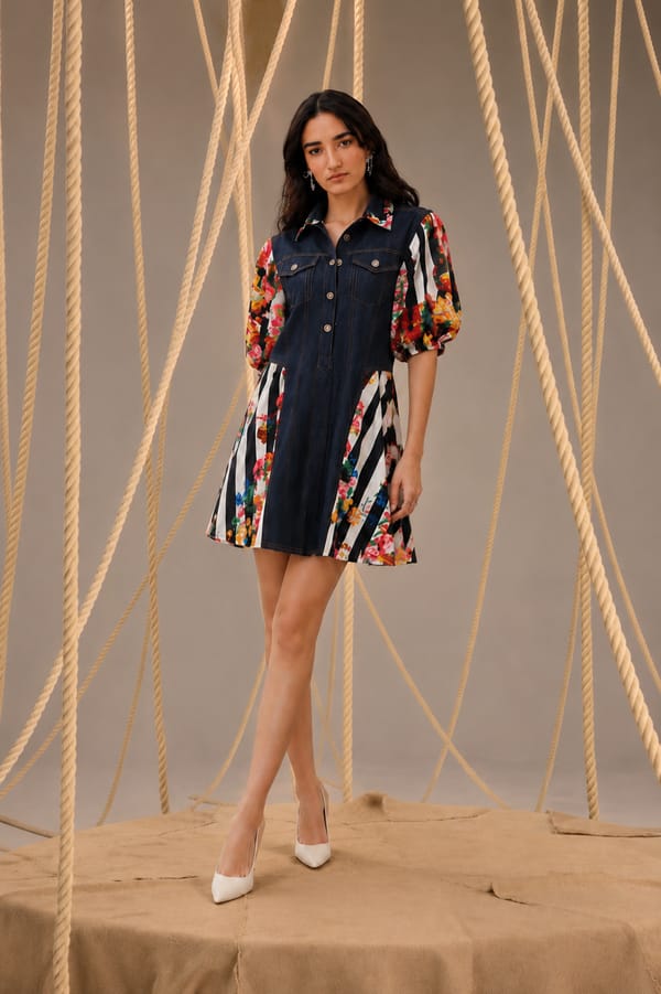 Sabe Denim Center Panel Dress with Printed Sides — AKSH