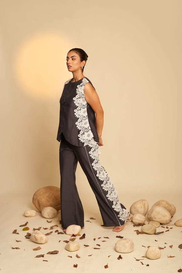 Dark Charcoal Lace Panel Co-ord Set (Shirt and Pants) — An'era by Asmita Verma