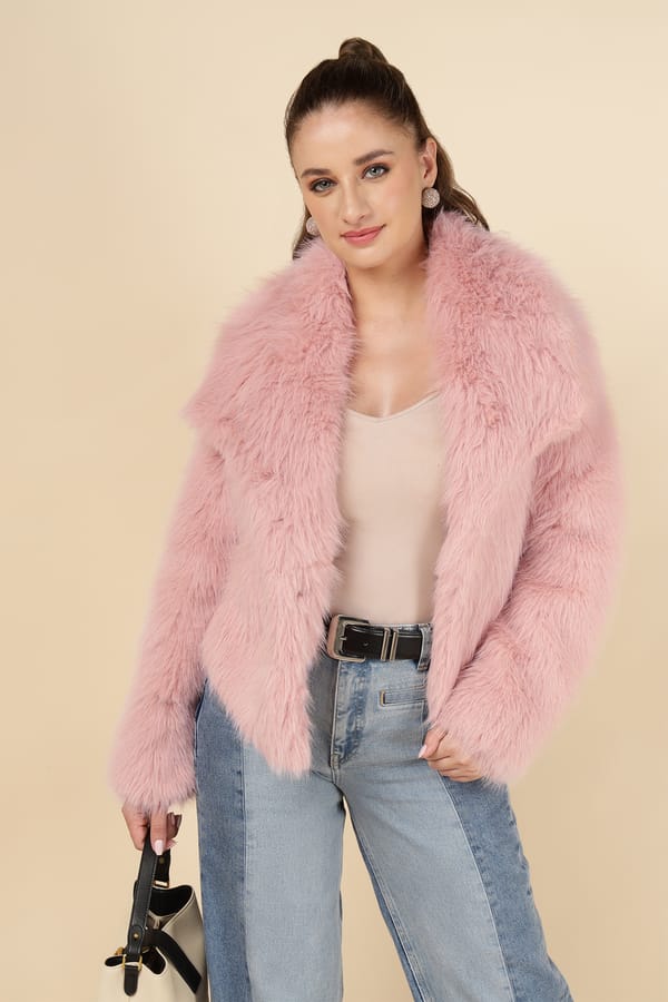 Pink Cropped Faux-Fur Jacket with Lapel Collar — ESSILA