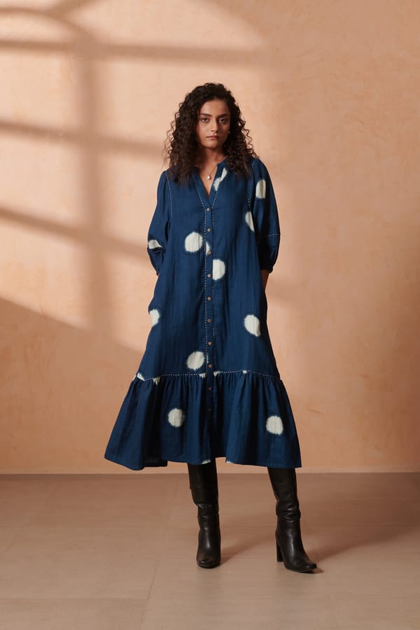 Indigo Dot Midi Shirt Dress in Double Gauze Cotton — ROHO
