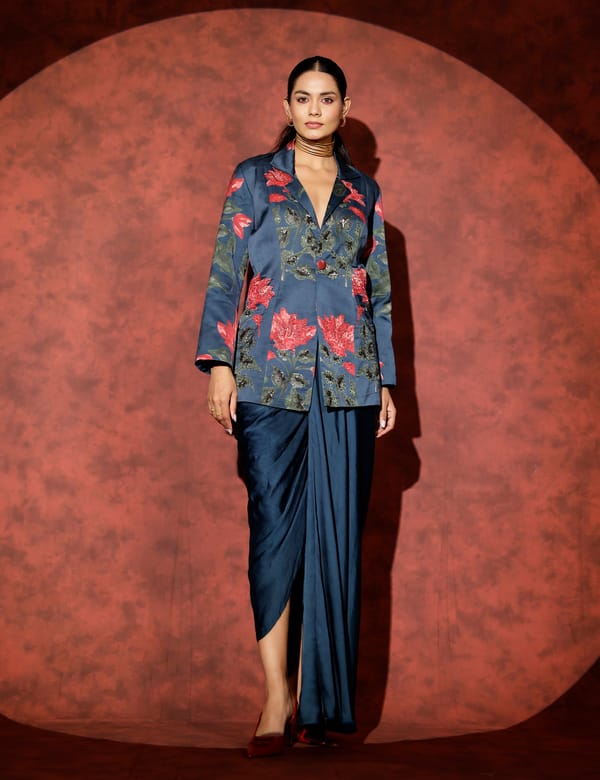 Peacock Blue Jacket and Draped Midi Skirt Co-ord Set — STUDIO SURBHI