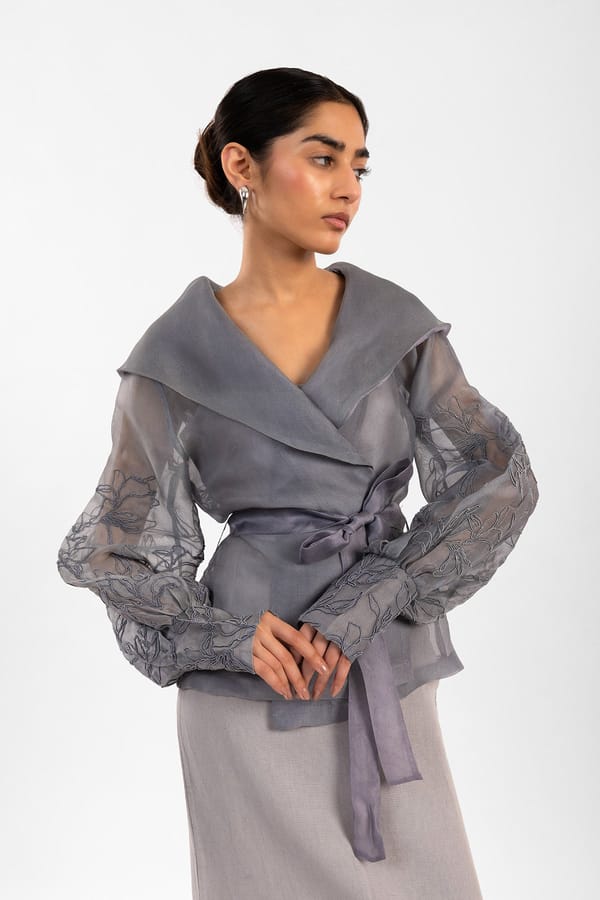 Grey Sheer Silk Organza Wrap Top with Shawl Collar — Contemponari