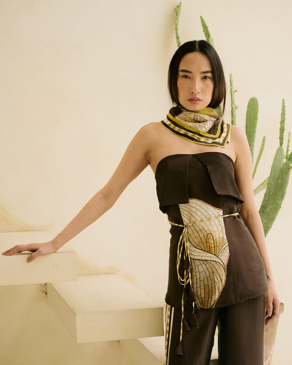 Brown Modal Satin Printed Bandeau Tube Top with Tie Belt — Missy Co.