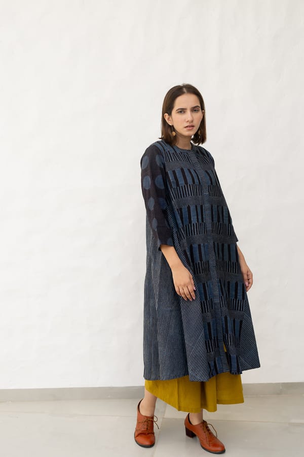 Black and Indigo A-Line Block Print Cotton Kurta — Vraj Bhoomi