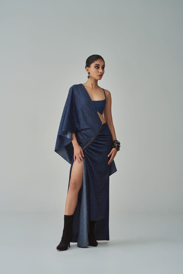 Blue Denim Zip-Detail Saree — Saaksha and Kinni