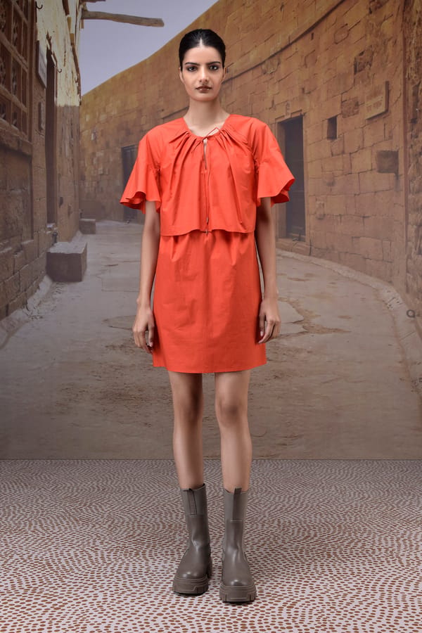 Coquelicot Red Flounce Sleeve Poplin Mini Dress — Genes Lecoanet Hemant