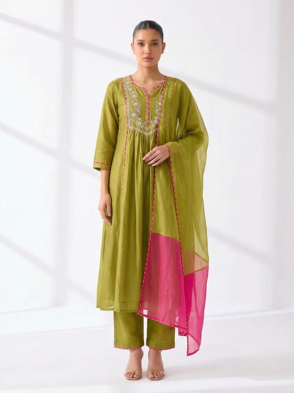 Mehendi Green Chanderi Anarkali Kurta Set with Dupatta — Gulabik