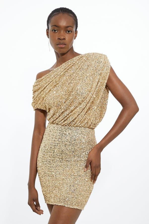 Gold One-Shoulder Sequin Bodycon Mini Dress — KAREN MILLEN