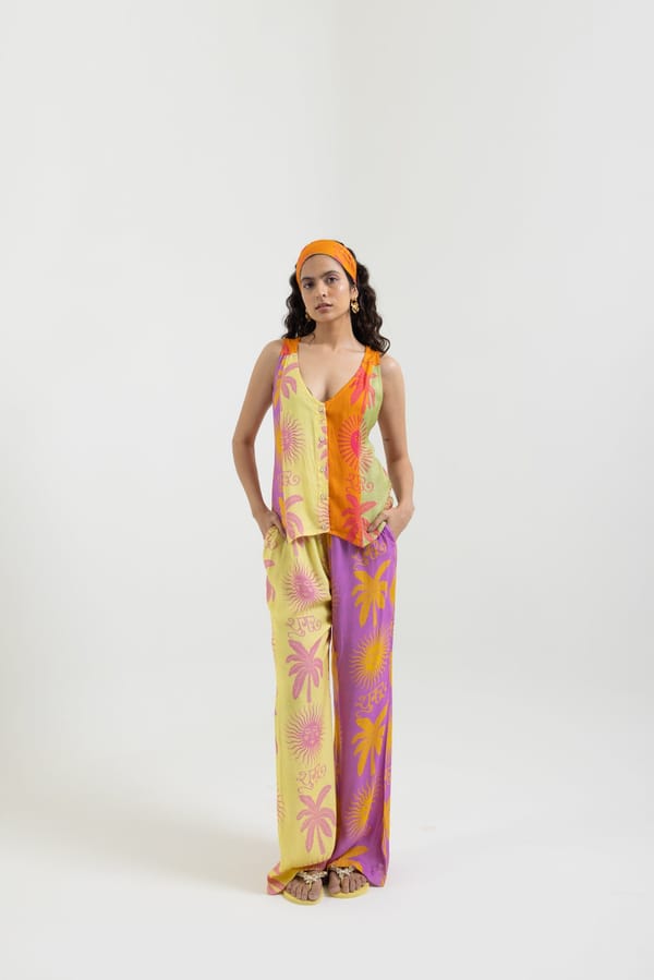 Yellow and Purple Tropical Print Straight-Leg Trousers — Label Sugar