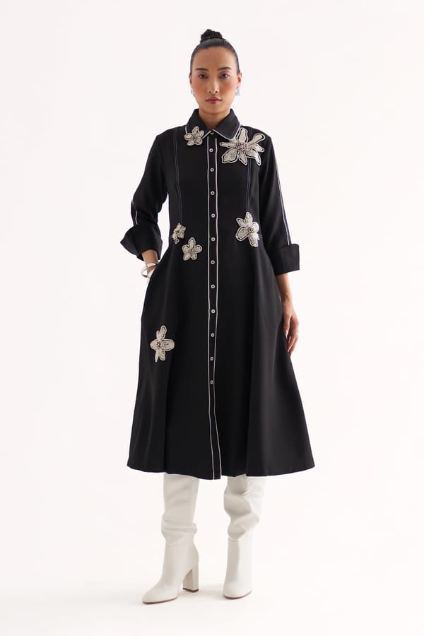 Black Fit and Flare Midi Shirt Dress with Floral Embroidery — Our Love