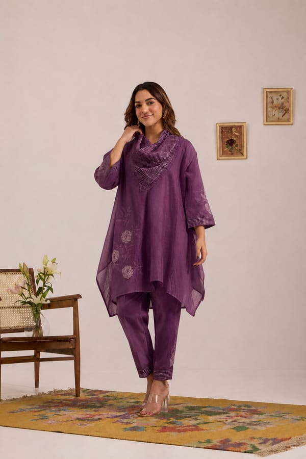 Asymmetric Side Embroidered Cowl Tunic Set In Wine — Omi Clothing