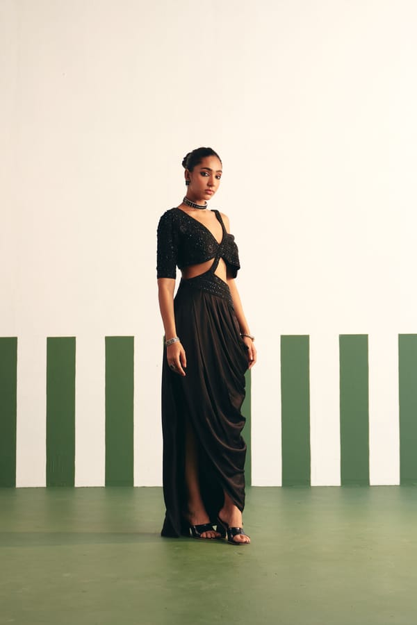 Black Pre-Stitched Drape Saree Dress with Embellished Blouse — Reeti Arneja