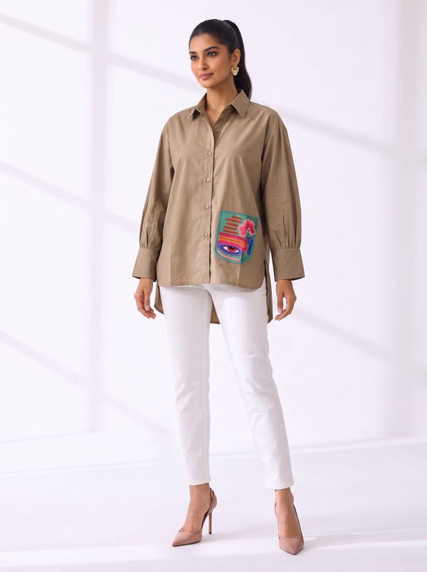 Beige Cotton Button-Down Shirt with Patch Pocket Detail — THE LUXURY DRESSING