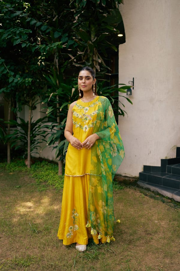 Mustard Sleeveless Kurta Sharara Set with Green Dupatta — SURABHI ARYA