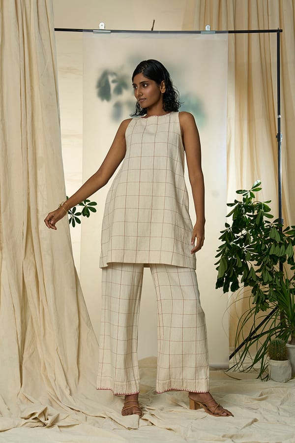 Beige Checked Sleeveless Tunic and Wide-Leg Pants Co-ord Set — ALTER NATIVE