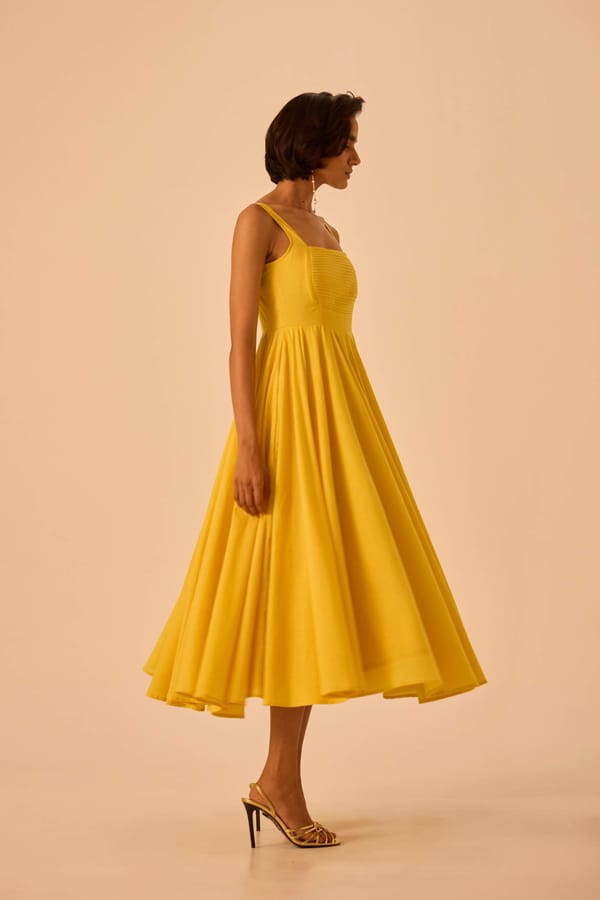 Yellow Fit and Flare Square Neck Midi Dress — The Summer House