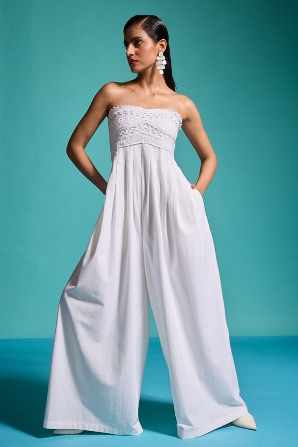 White Crochet Bustier Wide-Leg Jumpsuit — Dash and Dot